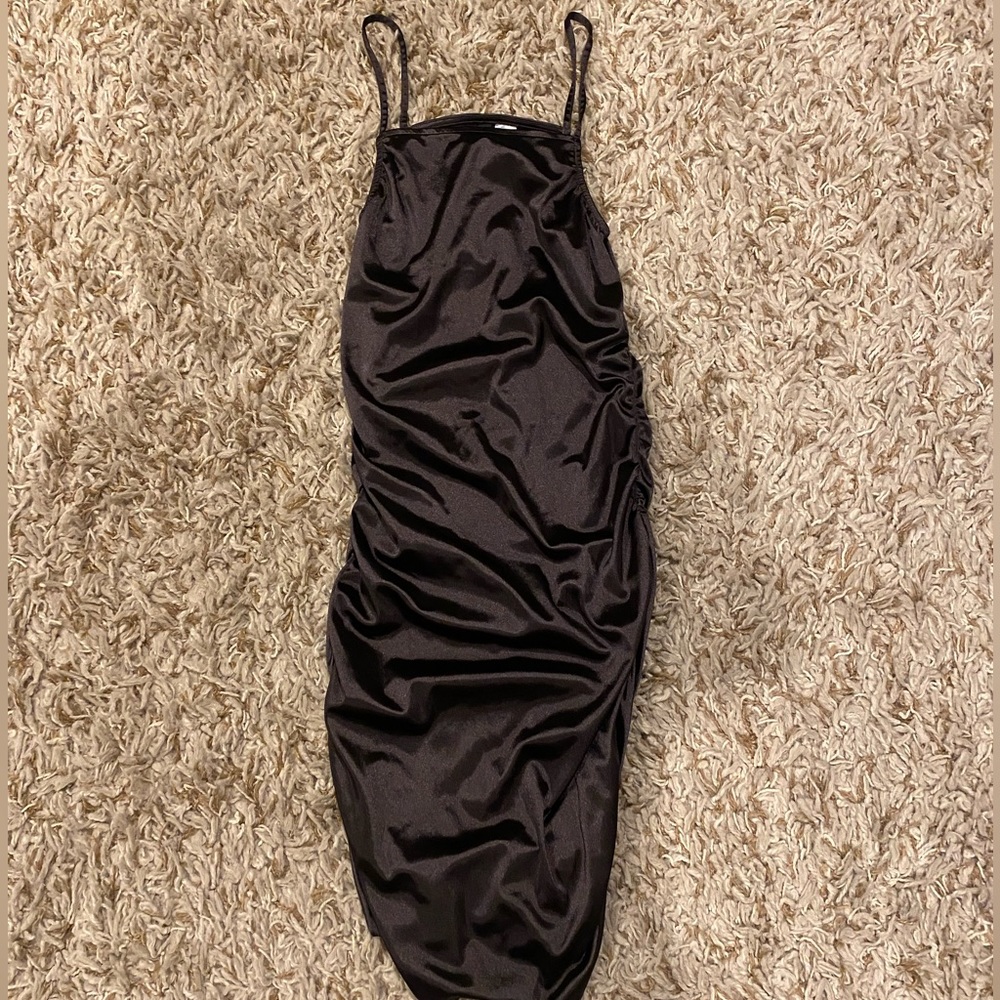 Women's Brown Satin Ruched Skin Tight Dress